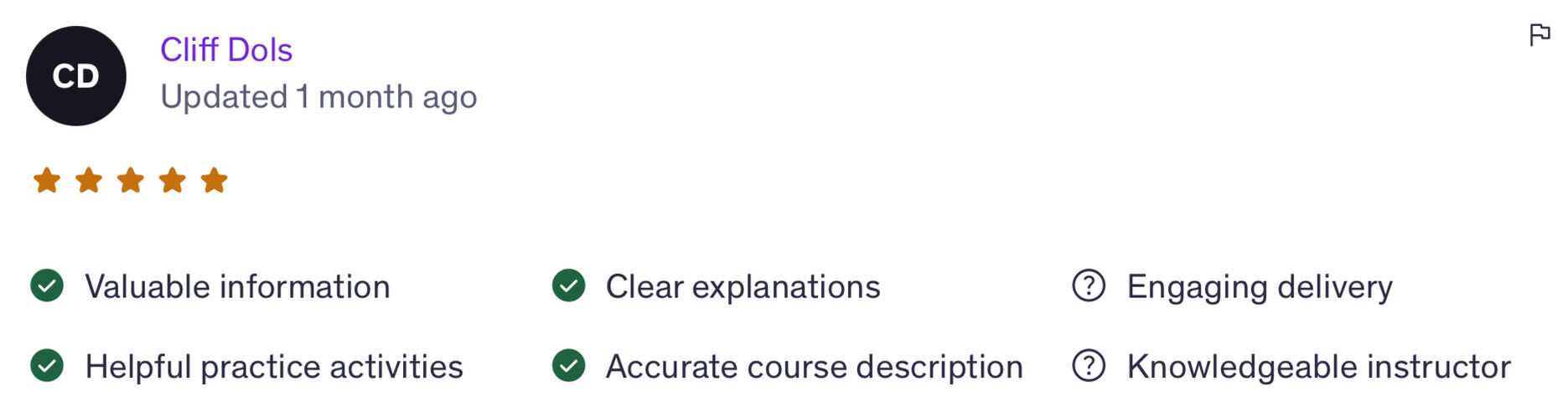 Valuable information · Helpful practice activities · Accurate course description · Clear explanations · Engaging delivery · Knowledgeable instructor – Cliff Dols